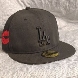 New Era Black LA Cap with Red Lip Detail